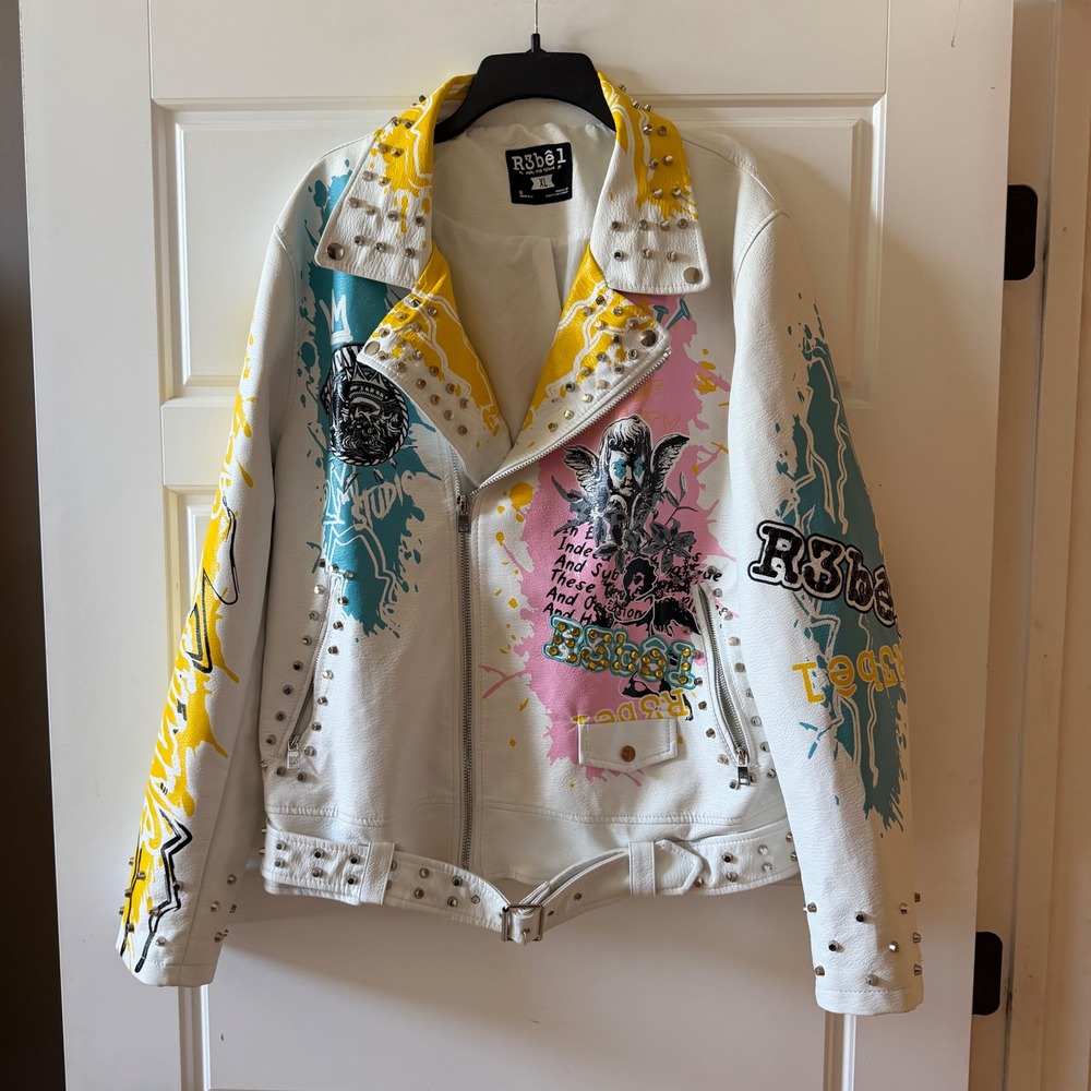 R3bel White Moto Jacket Studded Graphic Size XL Streetwear Punk